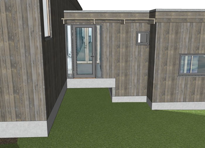 3D-rendering av ett hörn av ett hus med träpaneler och glasdörr, gräsmatta framför och mark i nivå med panelens bas.