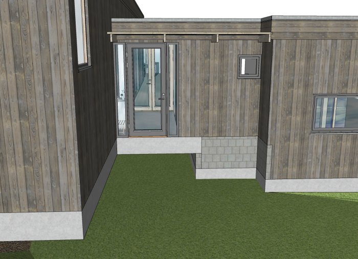 3D-visualisering av hus hörn med träpanelväggar och delvis murad fundament, gräsmatta i förgrunden.