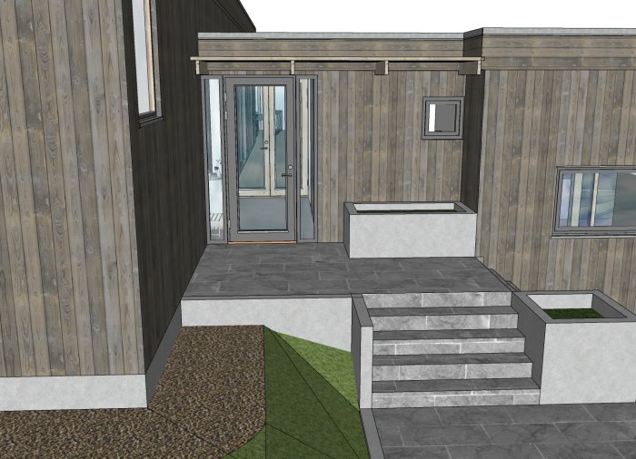 3D-rendering av husfasad med träpanel, glasdörr och stentrappa med blomsterlådor.