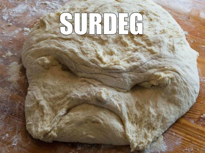 Färsk surdegsklump på ett mjölat bakbord med texten "SURDEG" överlagrat.