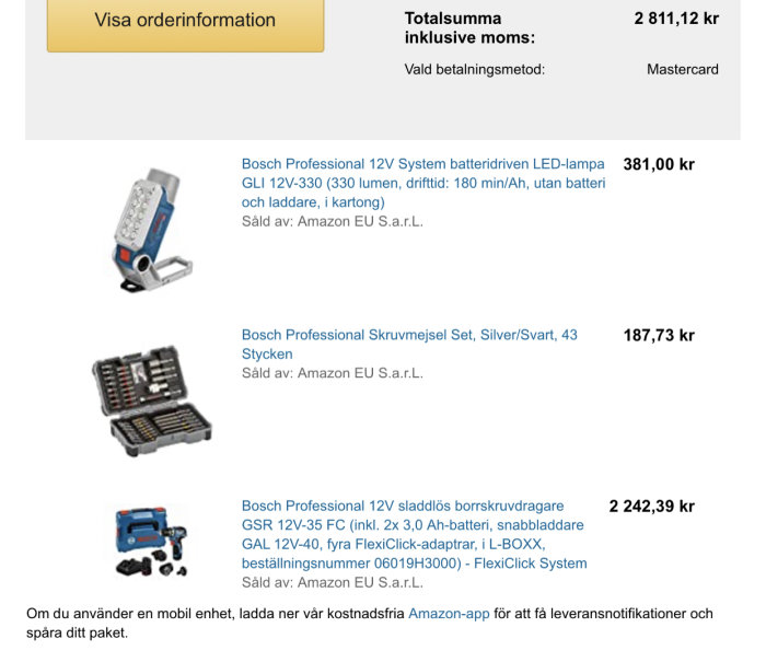 Skärmdump av en online-orderbekräftelse med tre Bosch Professional-verktyg: LED-lampa, skruvmejselset och borrmaskin.