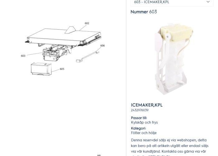 Exploded diagram av en ismaskin med märkta komponenter bredvid en bild av en komplett ismaskindel.