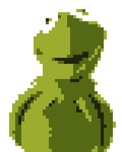 Pixelart av en medelstor, grön figur med en Kermit-liknande utseende.