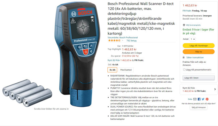 Bosch Professional Wall Scanner och fyra AA-batterier visas bredvid produktdetaljer och pris på Amazon.se.