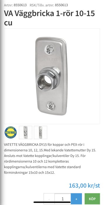 Väggbricka för PEX-rör av märket Vatette, visas bredvid beskrivande text och prisinformation.