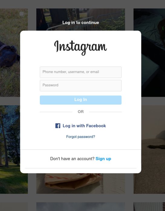 Skärmbild av Instagrams inloggningsfönster som blockerar innehållet bakom.
