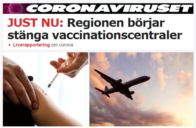 Vaccinationsspruta in i arm på övre delen av bilden och flygplan i skymningen på den nedre.
