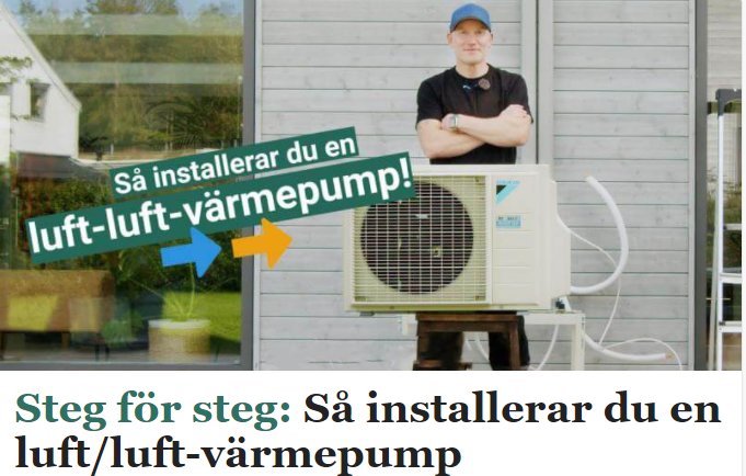 Man står framför hus med texten "Så installerar du en luft/luft-värmepump" och en värmepump.