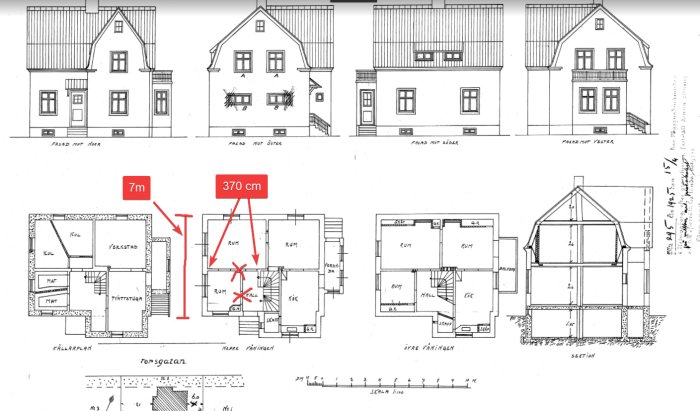 Ritningar av ett hus med markerad bärande vägg på 370cm som planeras att tas bort för att skapa större rum, samt måttangivelser.