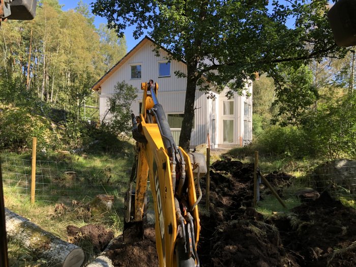 Ett hus i skogsmiljö med en minigrävare i förgrunden där markarbete för bergvärmeslangar pågår.