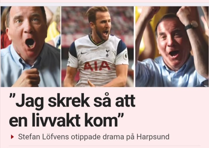 Två bilder på en man som uttrycker starka känslor och en bild på en fotbollsspelare som också visar starka känslor.