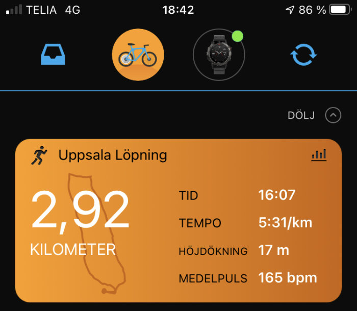 Skärmdump av en löparapp efter en löptur i Uppsala, visar distans, tid, tempo, höjdförändring och medelpuls.