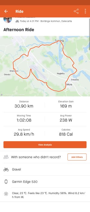 Cykelrutt på karta med statistik: 30.90 km, 1:02:08 tid, 29.8 km/h snitthastighet, 818 Cal.