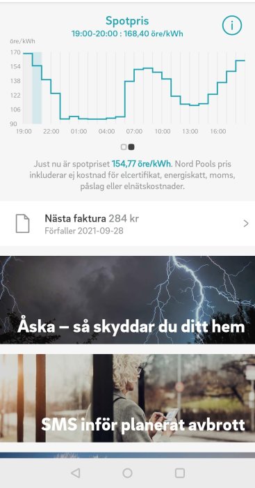 Diagram över elspotpris i Skåne, fakturainformation och tips för åskskydd.