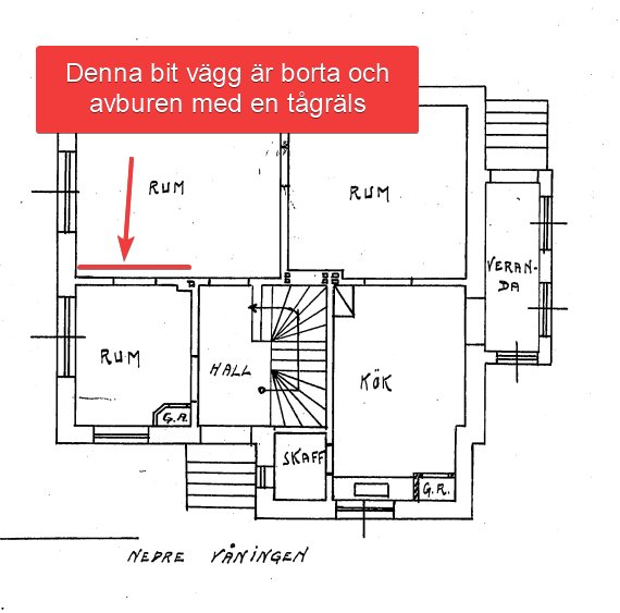 Ritning av enfamiljshus med markering där en vägg tagits bort och ersatts av tågräls för stöd.