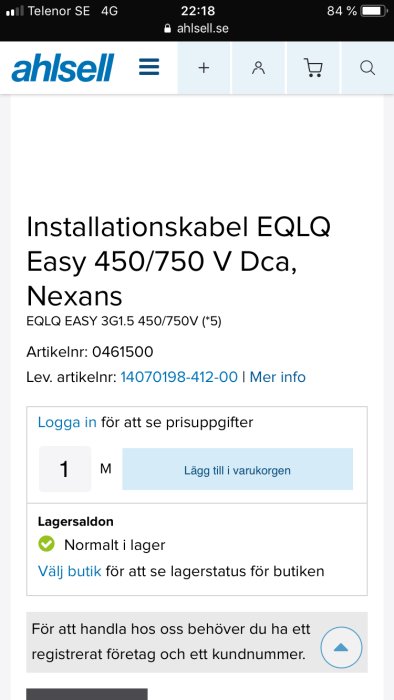 Skärmdump av Ahlsells webbsida som visar en produkt för installationskabel EQQ Easy 450/750 V från Nexans.