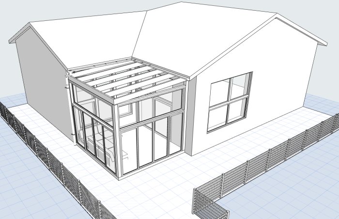 3D-ritning av planerat uterum med stomme och transparent tak bredvid hus.