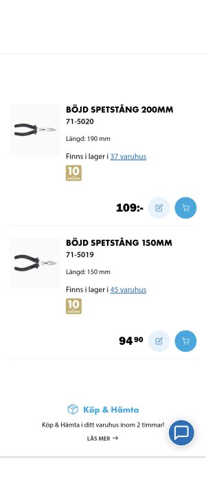 Två olika storlekar av böjda spetstång verktyg med priset och artikelnummer.