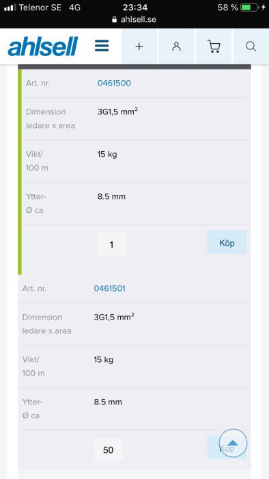 Skärmdump från Ahlsell webbsida som visar produktdetaljer för två kablar med artikelnummer 0461500 och 0461501.
