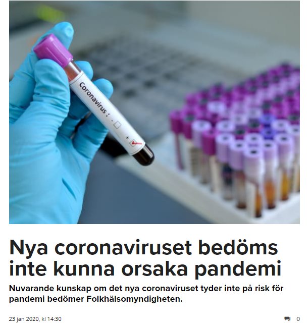 Hand i blått skyddshandske håller ett provrör märkt med "Coronavirus", framför rader av provrör, med artikelrubrik om pandemiriskbedömning.