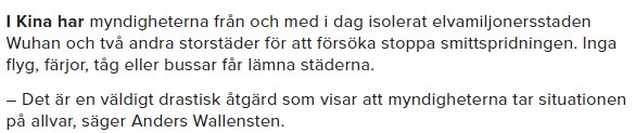 Skärmdump av en nyhetsartikel som diskuterar Kinas åtgärder i början av pandemin med isolering av Wuhan.