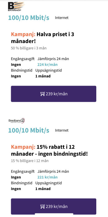 Bild på två bredbandskampanjer från Bahnhof och Bredband2 med priser och villkor.