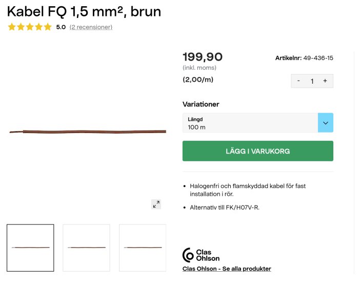 Brun FQ kabel 1,5 mm2 med avskalad ände mot vit bakgrund.