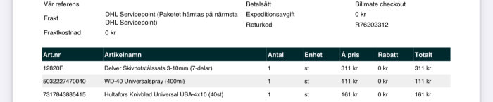 Orderbekräftelse med prisdetaljer för verktygsset och andra produkter från Toolab.