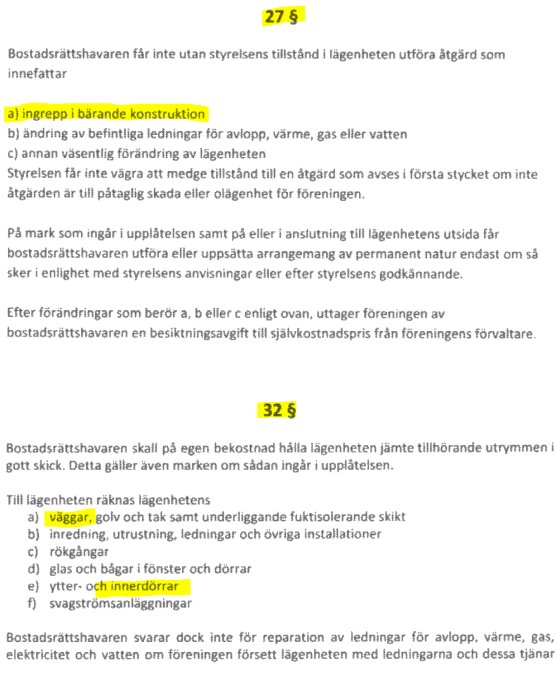 Dokument med text där punkter om ingrepp i bärande konstruktion samt lägenhetens väggar och dörrar är markerade i gult.