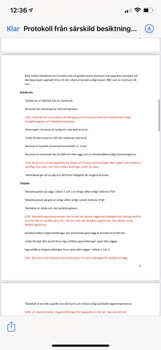 Skärmbild av ett besiktningsprotokoll på en smartphone som visar text om byggstandarder och installationer.