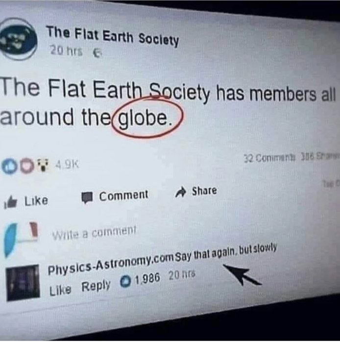 Skärmdump av sociala medier där "The Flat Earth Society" säger att de har medlemmar runtom jordklotet.