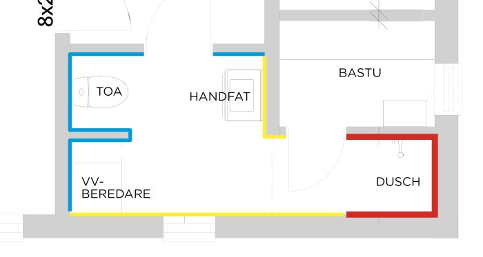 Ritning av badrumsplanering för fjällstuga med zonindelning, rött för duschzon och blått för övriga väggar.