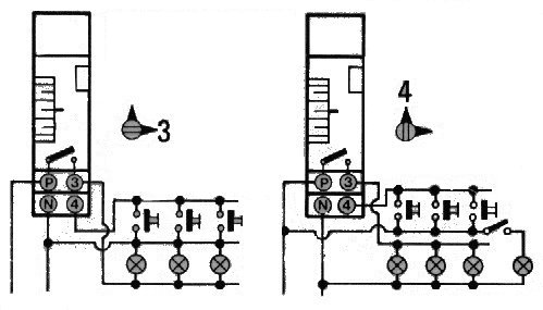 Schematiska ritningar av trappautomater för 3- och 4-ledarsystem med markeringar och symboler.