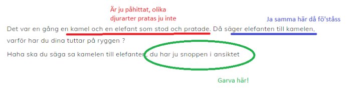 Skärmdump av en diskussionstråd med textskämt om kamel och elefant, grönt markerat stycke.