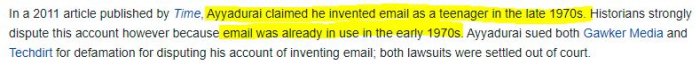 Skärmdump av en textpassage hävdar att Ayyadurai påstod sig uppfunnit e-post, vilket historians bestrider.