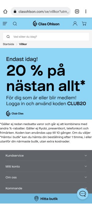 Skärmdump av Clas Ohlsons webbplats med rabattkodserbjudande på 20 % för medlemmar.