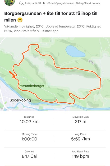 Löprunda kartöversikt som visar 10.02 km rutt i Söderköping, statistik över tid, höjdvinst och tempo.