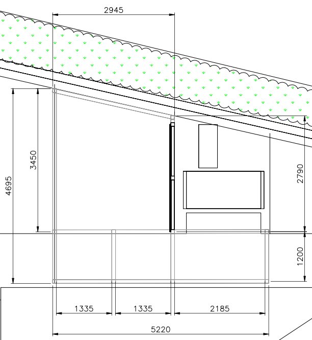 Ritning av en pergola med måttangivelser för limträbalkar, pelare och frihängande spann.