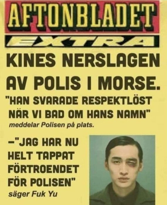 Bild på en tidningsartikel med rubriken "Aftonbladet Extra" och en bild på en ung man, med citat från polisen.