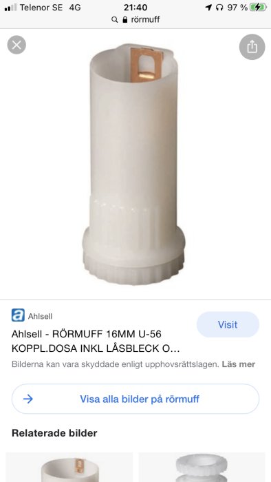 Vit rörmuff med kopplingsdosa och låsbleck för installation, visas på skärmbilden från en webbutik.