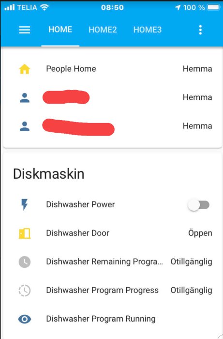 Skärmdump av en smart hem-app med kontroller för diskmaskin och status för personer hemma.