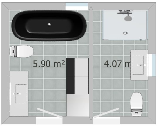 Översiktsplan för ett delat badrum, med badkar, toalett och handfat i ett rum och dusch i det andra.