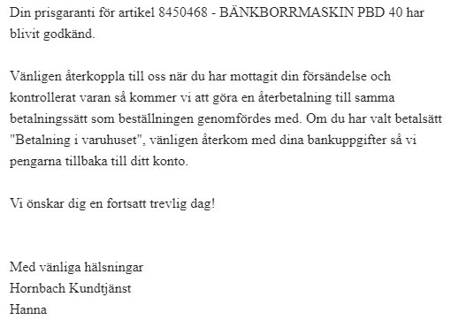 E-postmeddelande om godkänd prisgaranti för en bänkborrmaskin från Hornbach Kundtjänst.