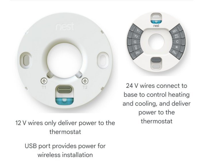 Jämförelse av Nest 3:e generationens termostatbasplattor, EU-version till vänster och USA-version till höger.