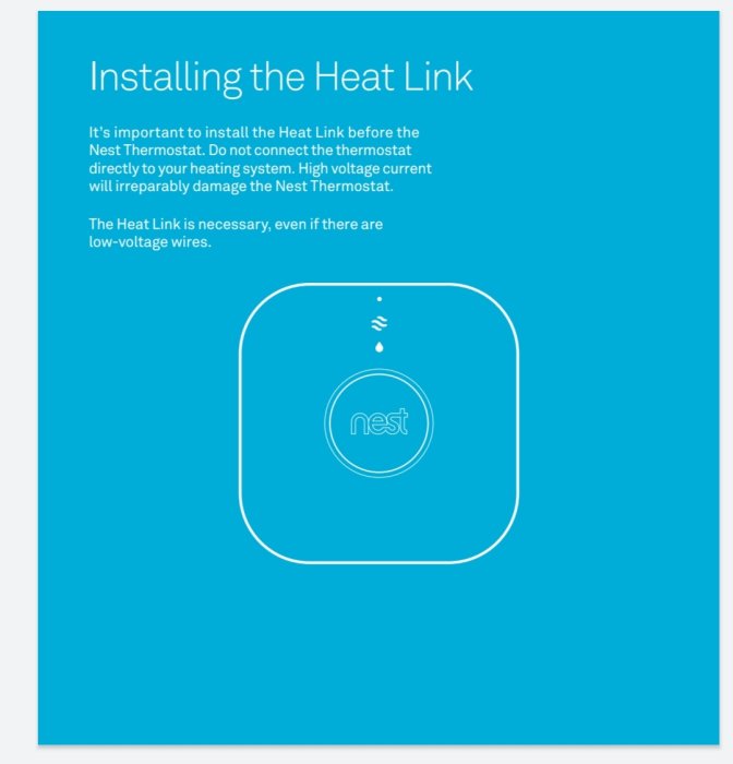 Instruktionsbild för installation av Heat Link enheten till Nest Thermostat med varningstexter och Nest-logotyp.