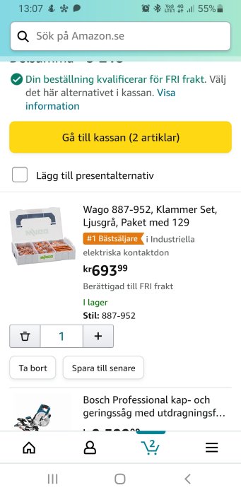 Screenskott från Amazon med Wago klämmor i en öppen låda och en Bosch kap- och geringssåg, med priser och köpalternativ.