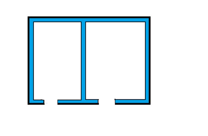 Schematisk illustration av uppreglade väggar med luftspalt för cirkulation, avgränsade med blå linjer.