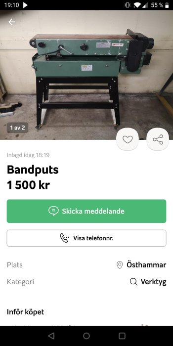 Grön bandputs i ett garage som är till salu för 1 500 kr.