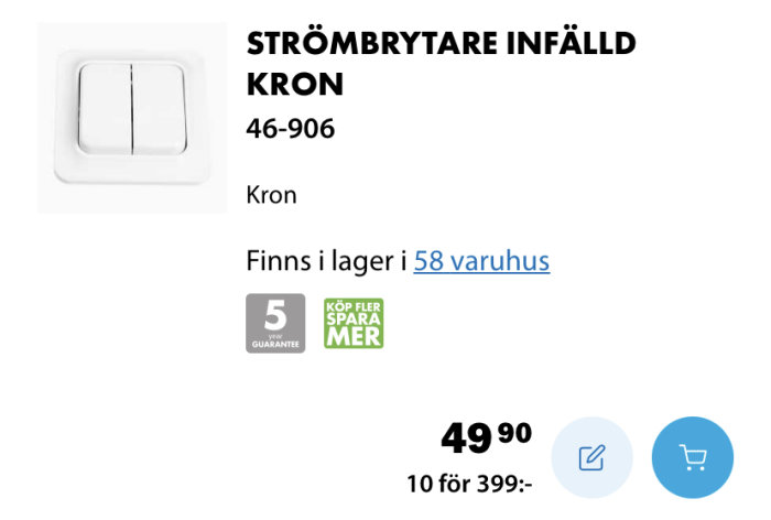 Vit infälld Kron strömbrytare i butiksdisplay med prisinformation.