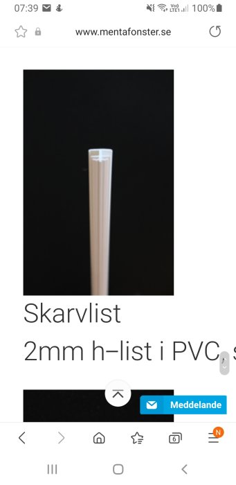 Vit 2mm h-profil skarvlist i PVC för fönster- och dörrinstallation.